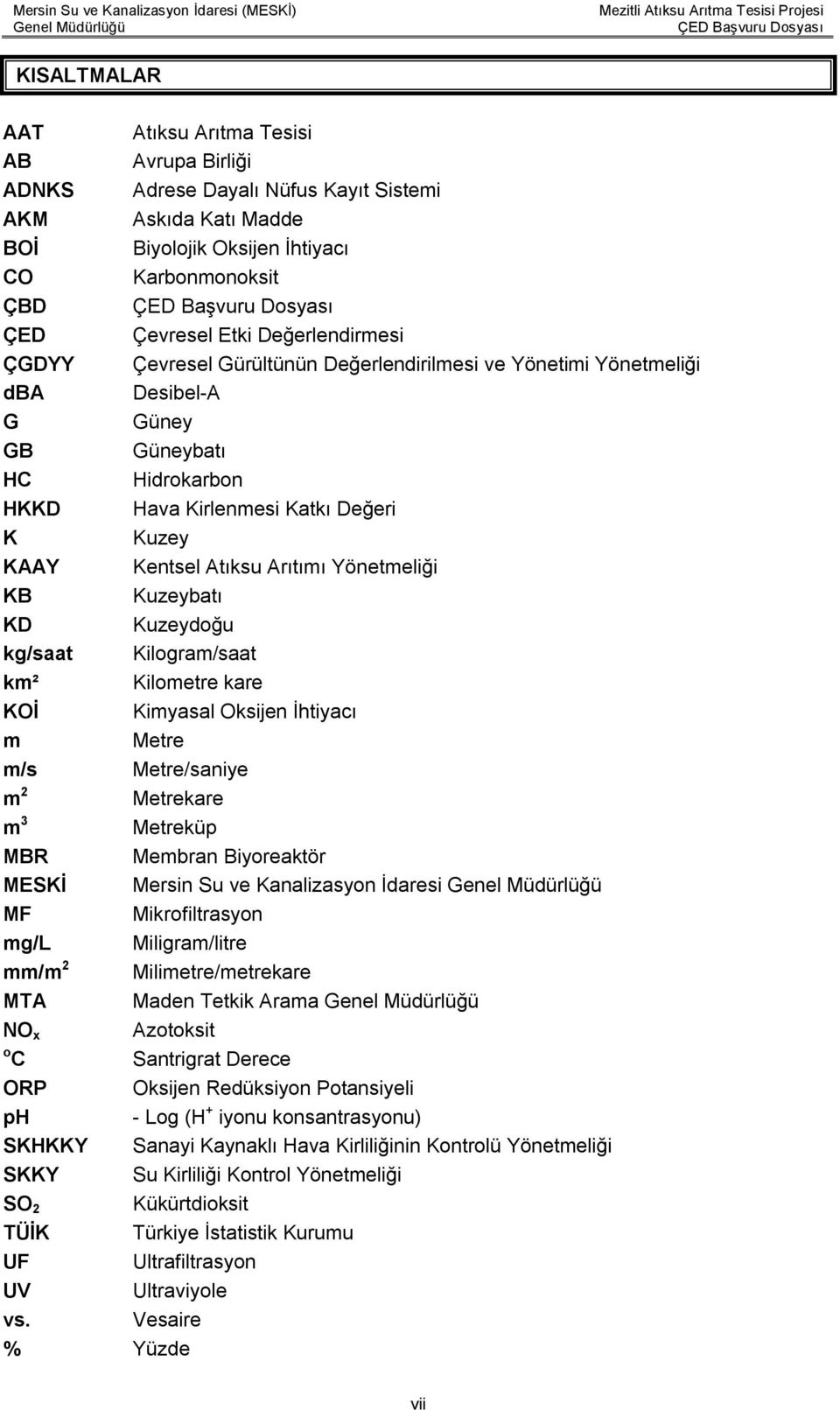 Arıtımı Yönetmeliği KB Kuzeybatı KD Kuzeydoğu kg/saat Kilogram/saat km² Kilometre kare KOİ Kimyasal Oksijen İhtiyacı m Metre m/s Metre/saniye m 2 Metrekare m 3 Metreküp MBR Membran Biyoreaktör MESKİ