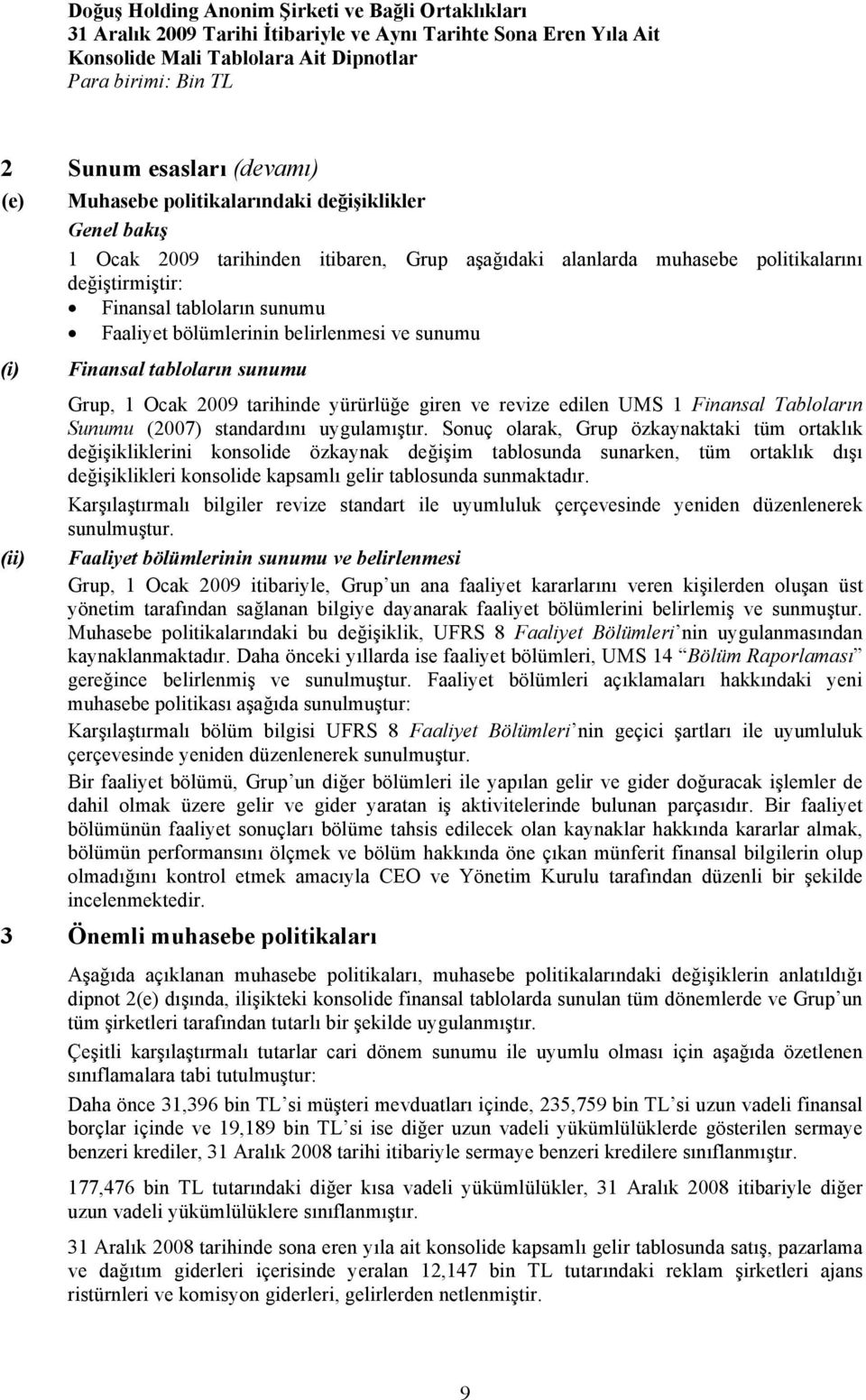 tarihinde yürürlüğe giren ve revize edilen UMS 1 Finansal Tabloların Sunumu (2007) standardını uygulamıştır.