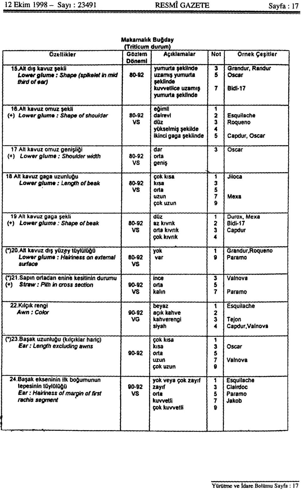 AM kavuz omuz şekli eğimli 1 (+) Lower gluma: Shape of shoulder 80-92 dairevi 2 Esquiladle VS düz 3 Roqueño yükselmiş şekilde 4 İkinci gaga şeklinde 5 Capdur, Oscar 17 Alı kavuz omuz genişliği dar 3