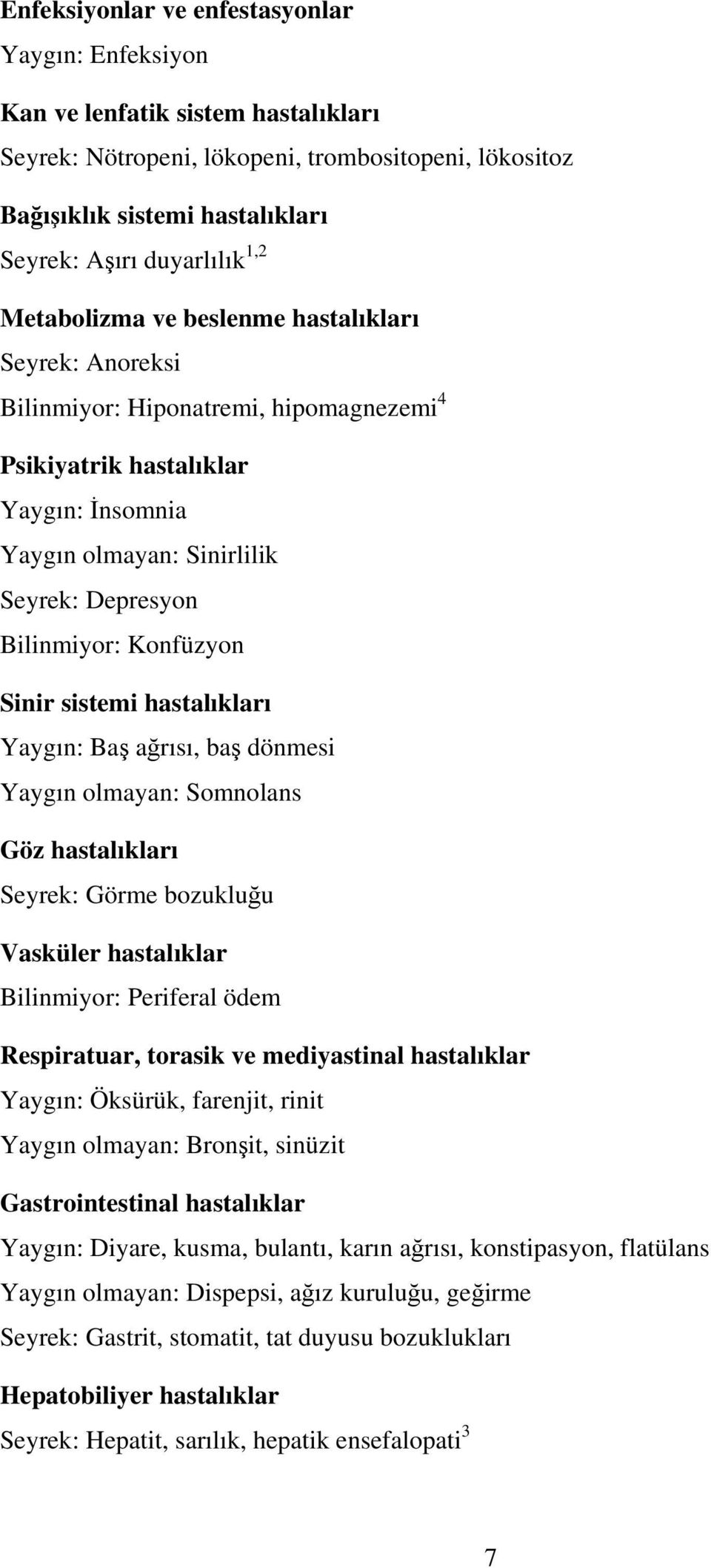 Konfüzyon Sinir sistemi hastalıkları Yaygın: Baş ağrısı, baş dönmesi Yaygın olmayan: Somnolans Göz hastalıkları Seyrek: Görme bozukluğu Vasküler hastalıklar Bilinmiyor: Periferal ödem Respiratuar,