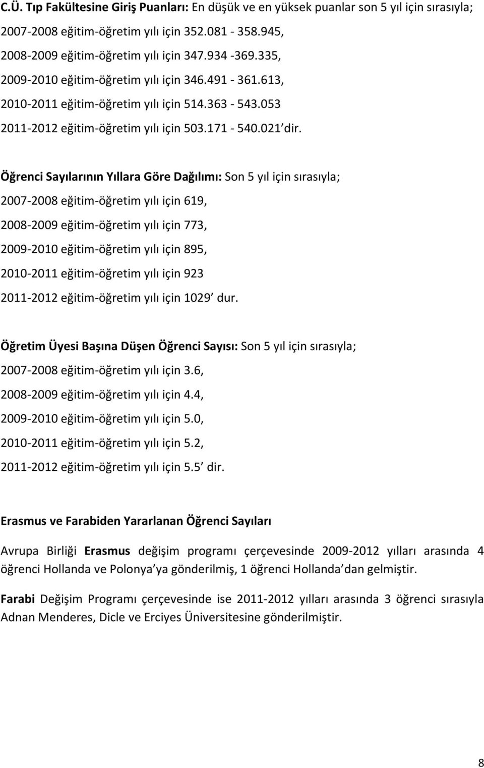 Öğrenci Sayılarının Yıllara Göre Dağılımı: Son 5 yıl için sırasıyla; 2007-2008 eğitim-öğretim yılı için 619, 2008-2009 eğitim-öğretim yılı için 773, 2009-2010 eğitim-öğretim yılı için 895, 2010-2011