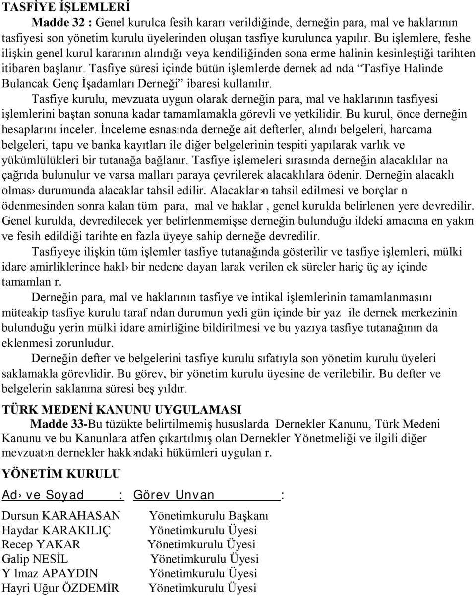 Tasfiye süresi içinde bütün işlemlerde dernek ad nda Tasfiye Halinde Bulancak Genç İşadamları Derneği ibaresi kullanılır.