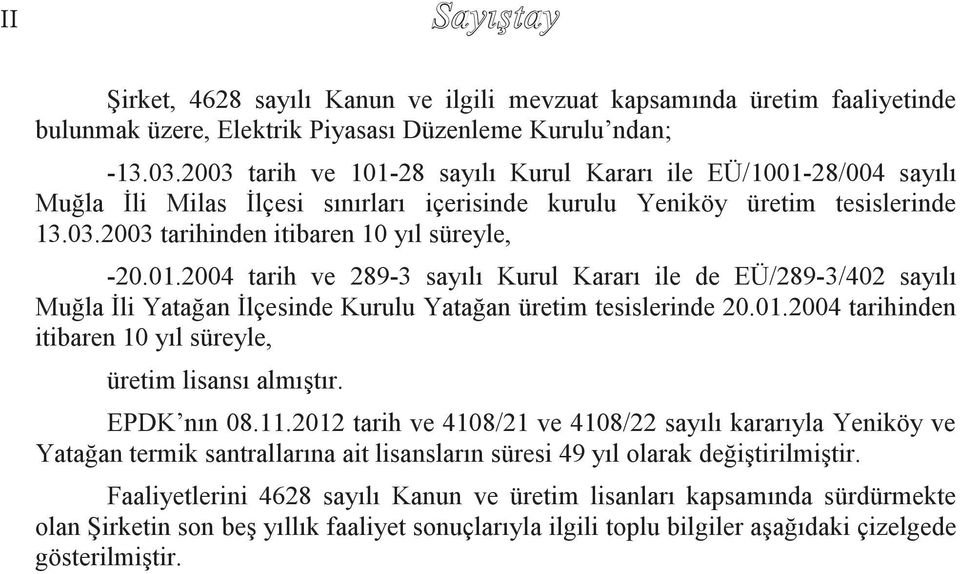 01.2004 tarihinden itibaren 10 yıl süreyle, üretim lisansı almıştır. EPDK nın 08.11.