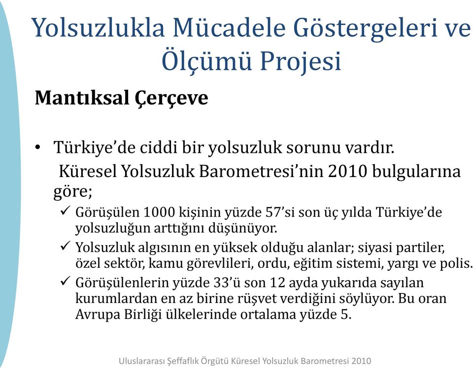 Yolsuzluk algısının en yüksek olduğu alanlar; siyasi partiler, özel sektör, kamu görevlileri, ordu, eğitim sistemi, yargı ve polis.