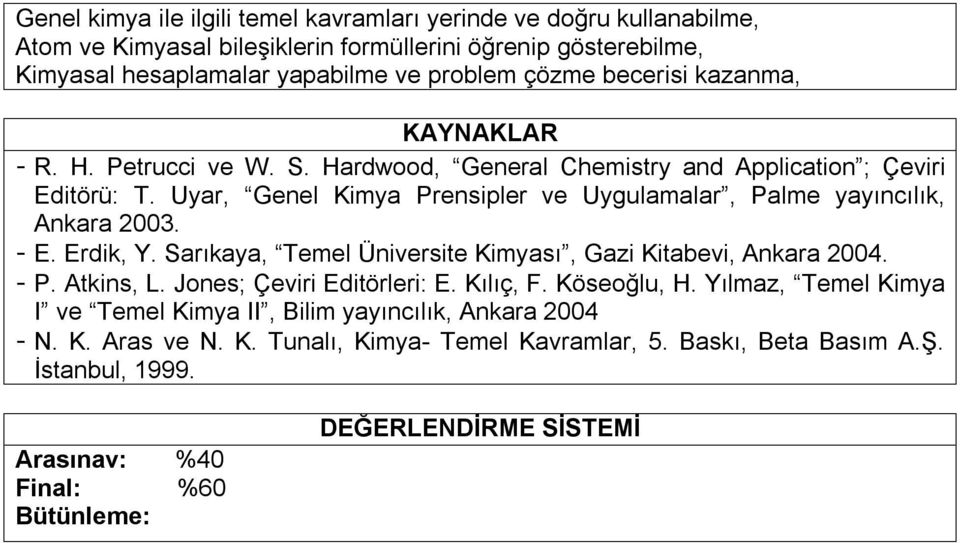 Uyar, Genel Kimya Prensipler ve Uygulamalar, Palme yayıncılık, Ankara 2003. - E. Erdik, Y. Sarıkaya, Temel Üniversite Kimyası, Gazi Kitabevi, Ankara 2004. - P. Atkins, L.