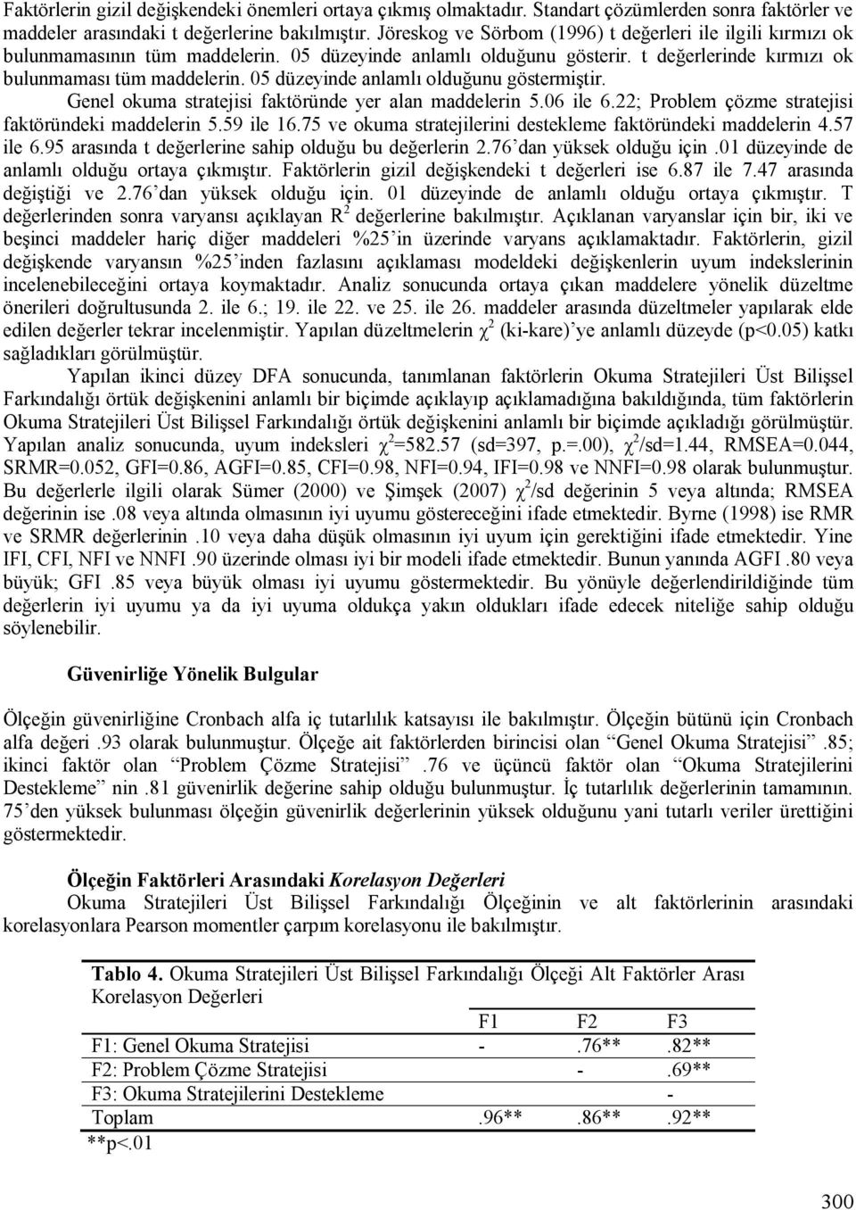 05 düzeyinde anlamlı olduğunu göstermiştir. Genel okuma stratejisi faktöründe yer alan maddelerin 5.06 ile 6.22; Problem çözme stratejisi faktöründeki maddelerin 5.59 ile 16.