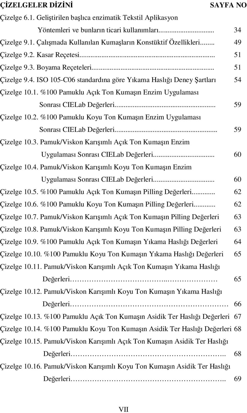 .. 59 Çizelge 10.2. %100 Pamuklu Koyu Ton Kumaşın Enzim Uygulaması Sonrası CIELab Değerleri... 59 Çizelge 10.3. Pamuk/Viskon Karışımlı Açık Ton Kumaşın Enzim Uygulaması Sonrası CIELab Değerleri.