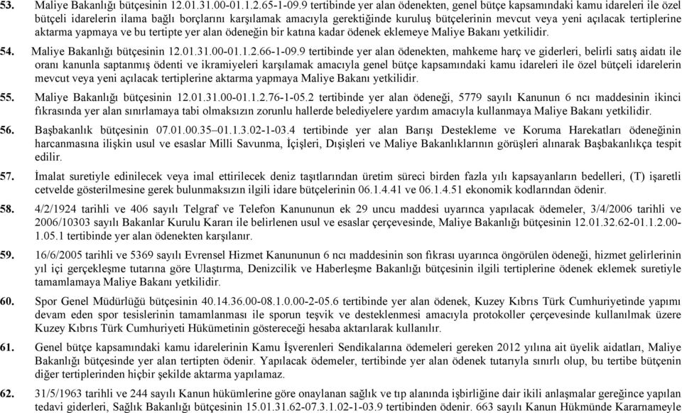 açılacak tertiplerine aktarma yapmaya ve bu tertipte yer alan ödeneğin bir katına kadar ödenek eklemeye Maliye Bakanı yetkilidir. 54. Maliye Bakanlığı bütçesinin 12.01.31.00-01.1.2.66-1-09.