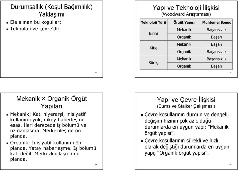 Başarısızlık Organik Başarı 57 58 Mekanik Organik Örgüt Yapılar ları Mekanik; Katı hiyerarşi, i, inisiyatif kullanımı yok, dikey haberleşme esas. İleri derecede işi bölümü ve uzmanlaşma. ma.