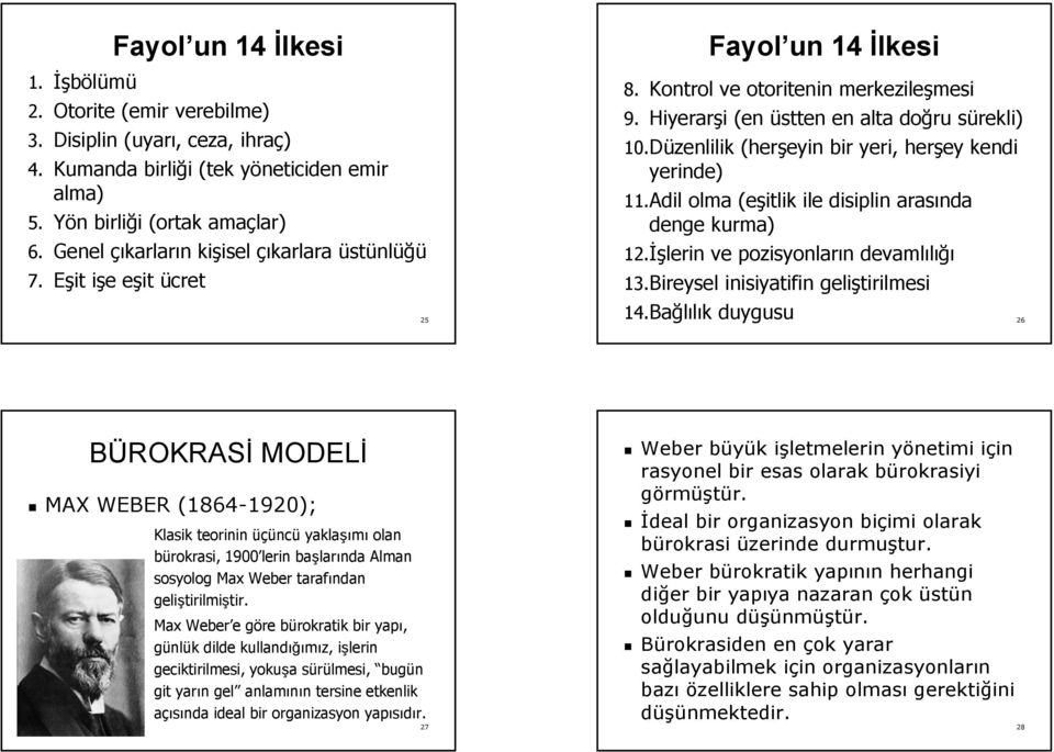 Hiyerarşi i (en üstten en alta doğru sürekli) s 10.Düzenlilik zenlilik (herşeyin eyin bir yeri, herşey ey kendi yerinde) 11.Adil Adil olma (eşitlik ile disiplin arasında denge kurma) 12.