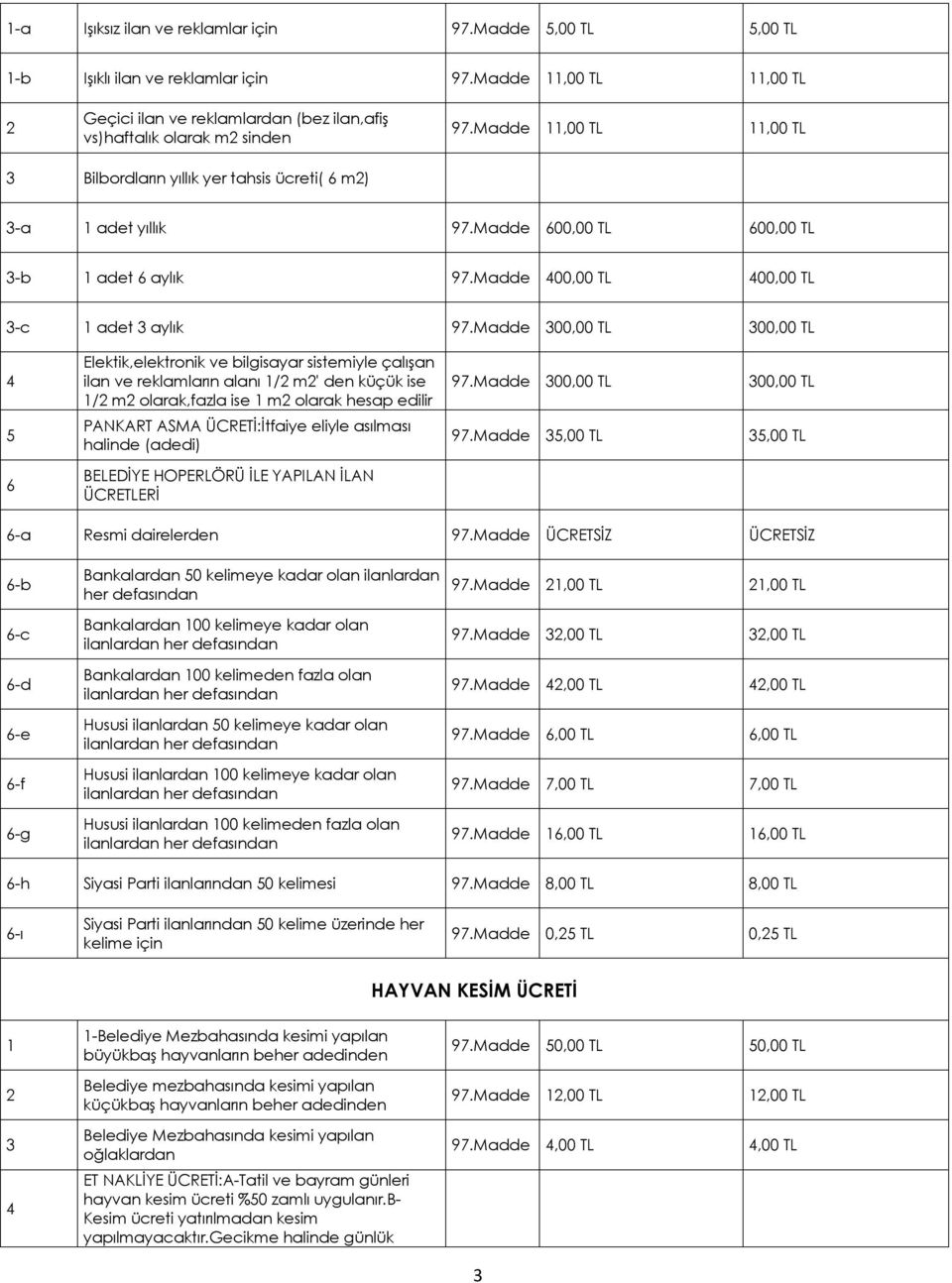 Madde 300,00 TL 300,00 TL 4 Elektik,elektronik ve bilgisayar sistemiyle çalışan ilan ve reklamların alanı 1/ m' den küçük ise 1/ m olarak,fazla ise 1 m olarak hesap edilir 97.