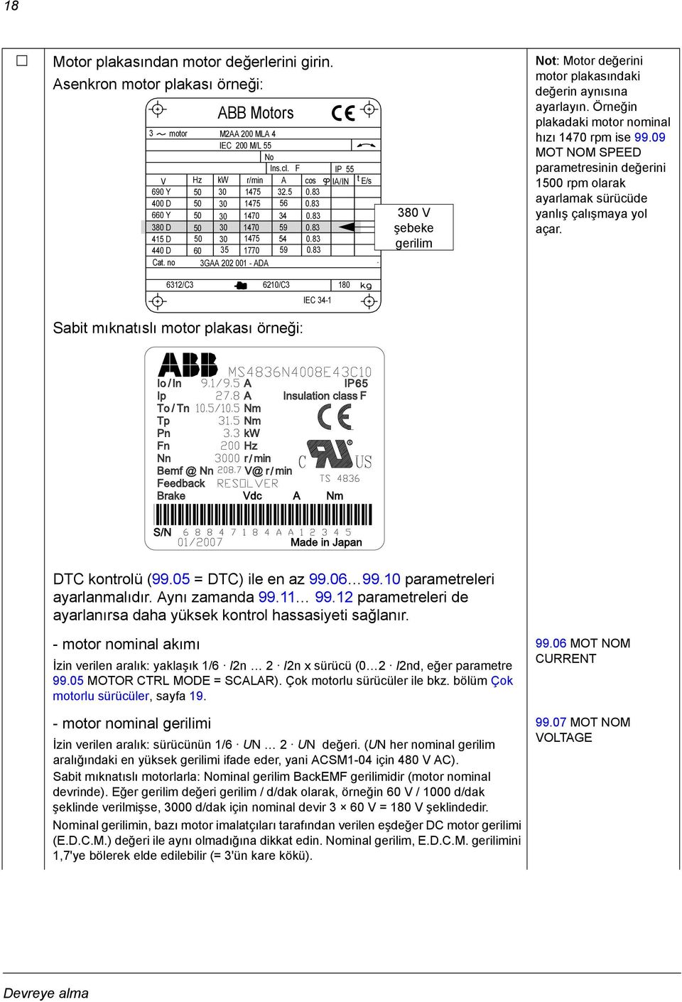 no 3GAA 202 001 - ADA 380 V şebeke gerilim Not: Motor değerini motor plakasındaki değerin aynısına ayarlayın. Örneğin plakadaki motor nominal hızı 1470 rpm ise 99.