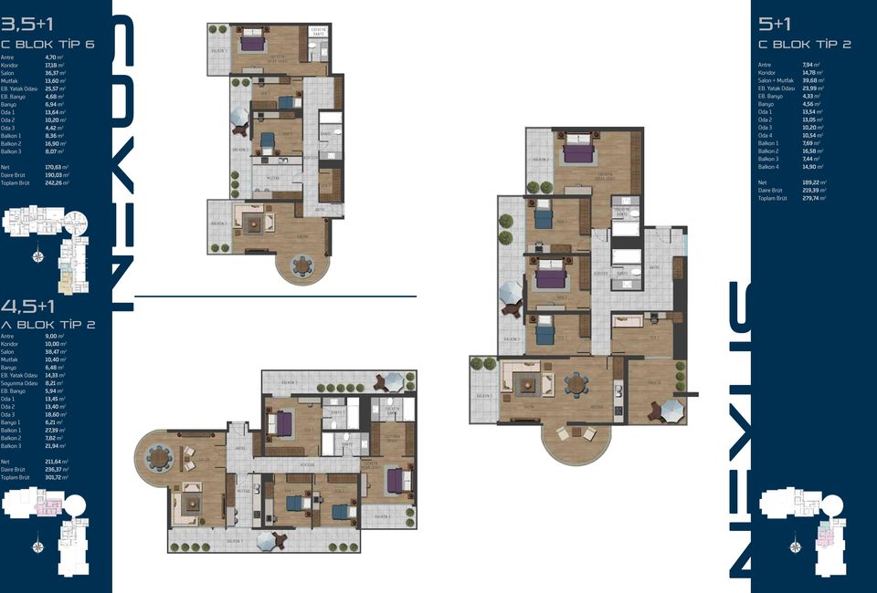 Banyo 4,33 m 2 Banyo 6,94 m 2 Banyo 4,56 m 2 Oda 1 13,64 m 2 Oda 1 13,54 m 2 Oda 2 10,20 m 2 Oda 2 13,05 m 2 Oda 3 4,42 m 2 Balkon 1 8,36 m 2 2 Oda 3 10,20 m 2 Oda 4 10,54 m 2 Balkon 2 16,90 m 2