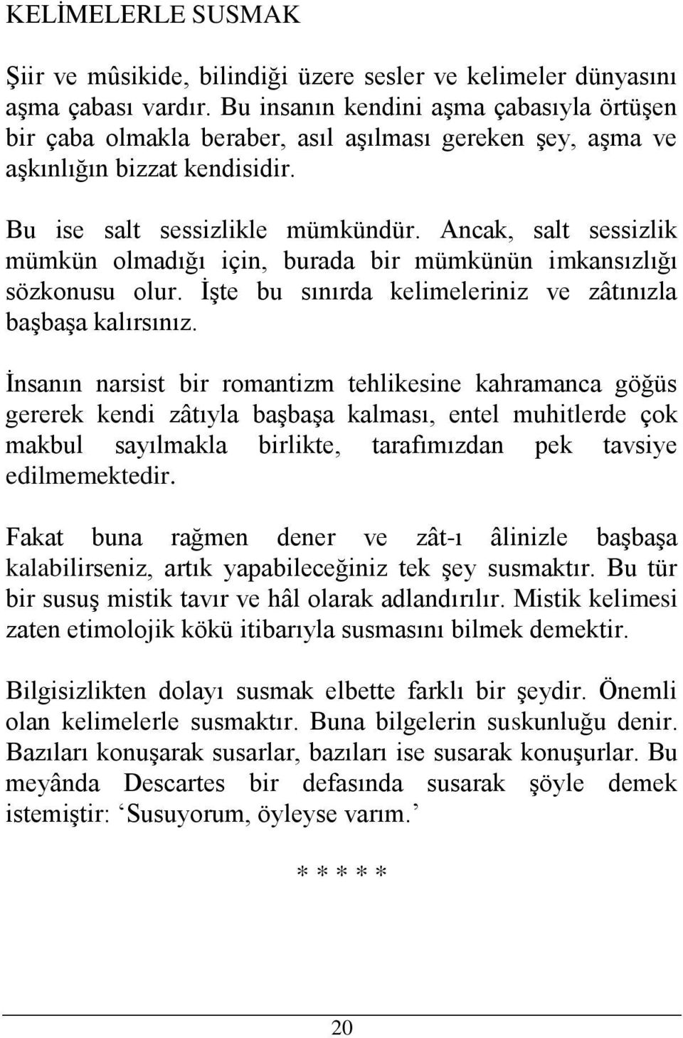 Ancak, salt sessizlik mümkün olmadığı için, burada bir mümkünün imkansızlığı sözkonusu olur. İşte bu sınırda kelimeleriniz ve zâtınızla başbaşa kalırsınız.