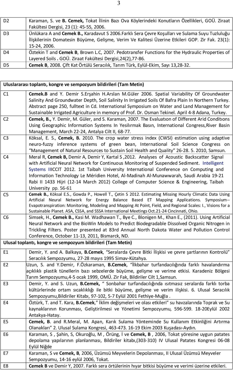 C, 2007. Pedotransfer Functions for the Hydraulic Properties of Layered Soils. GOÜ. Ziraat Fakültesi Dergisi,24(2),77-86. D5 Cemek B, 2008.