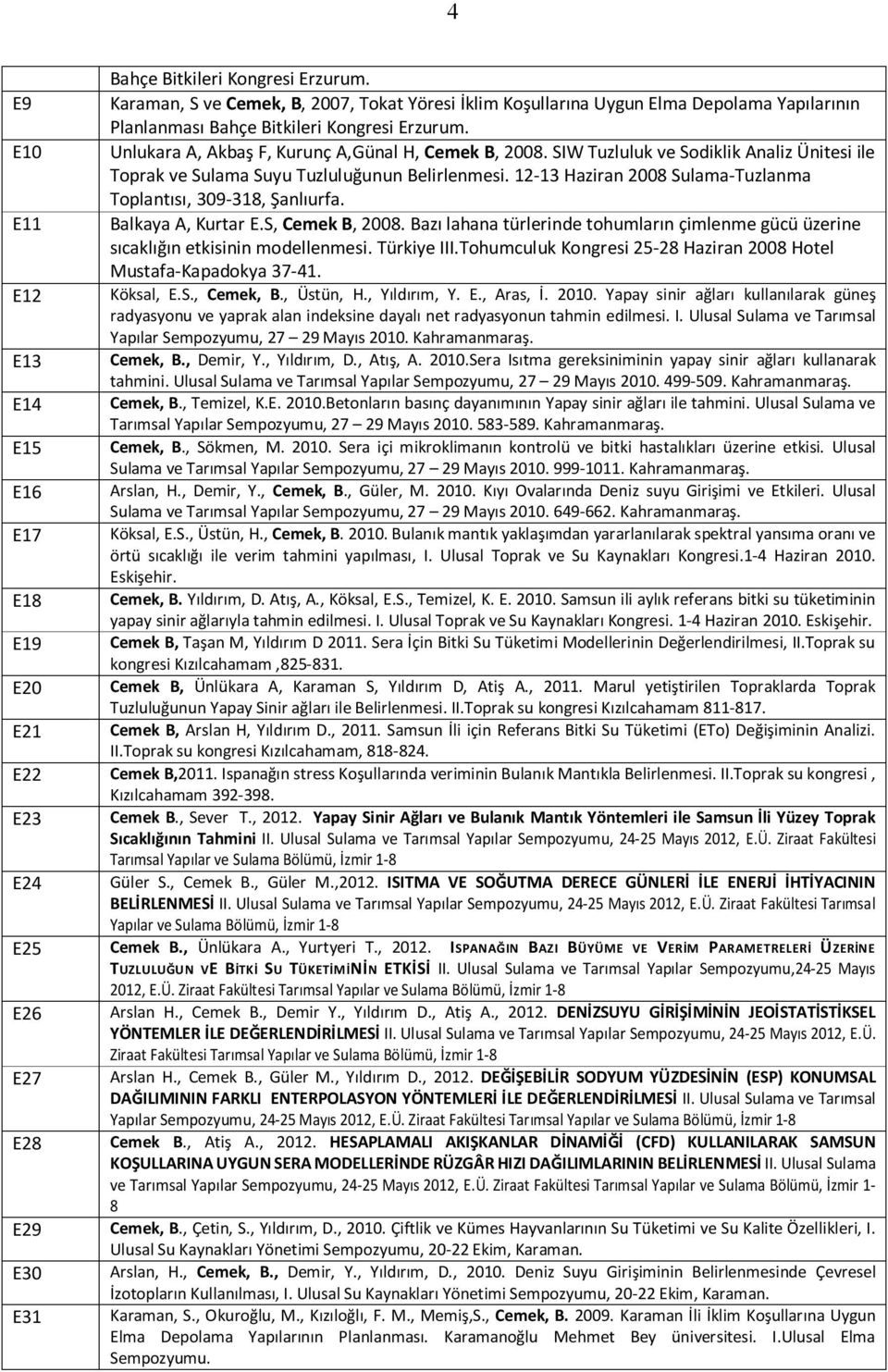 12-13 Haziran 2008 Sulama-Tuzlanma Toplantısı, 309-318, Şanlıurfa. E11 Balkaya A, Kurtar E.S, Cemek B, 2008. Bazı lahana türlerinde tohumların çimlenme gücü üzerine sıcaklığın etkisinin modellenmesi.