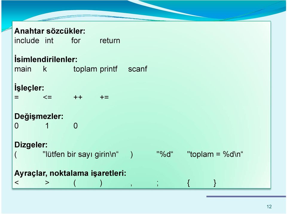 <= ++ += Değişmezler: 0 1 0 Dizgeler: ( "lütfen bir sayı