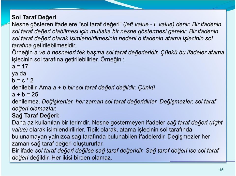 Çünkü bu ifadeler atama işlecinin sol tarafına getirilebilirler. Örneğin : a = 17 ya da b = c * 2 denilebilir. Ama a + b bir sol taraf değeri değildir. Çünkü a + b = 25 denilemez.