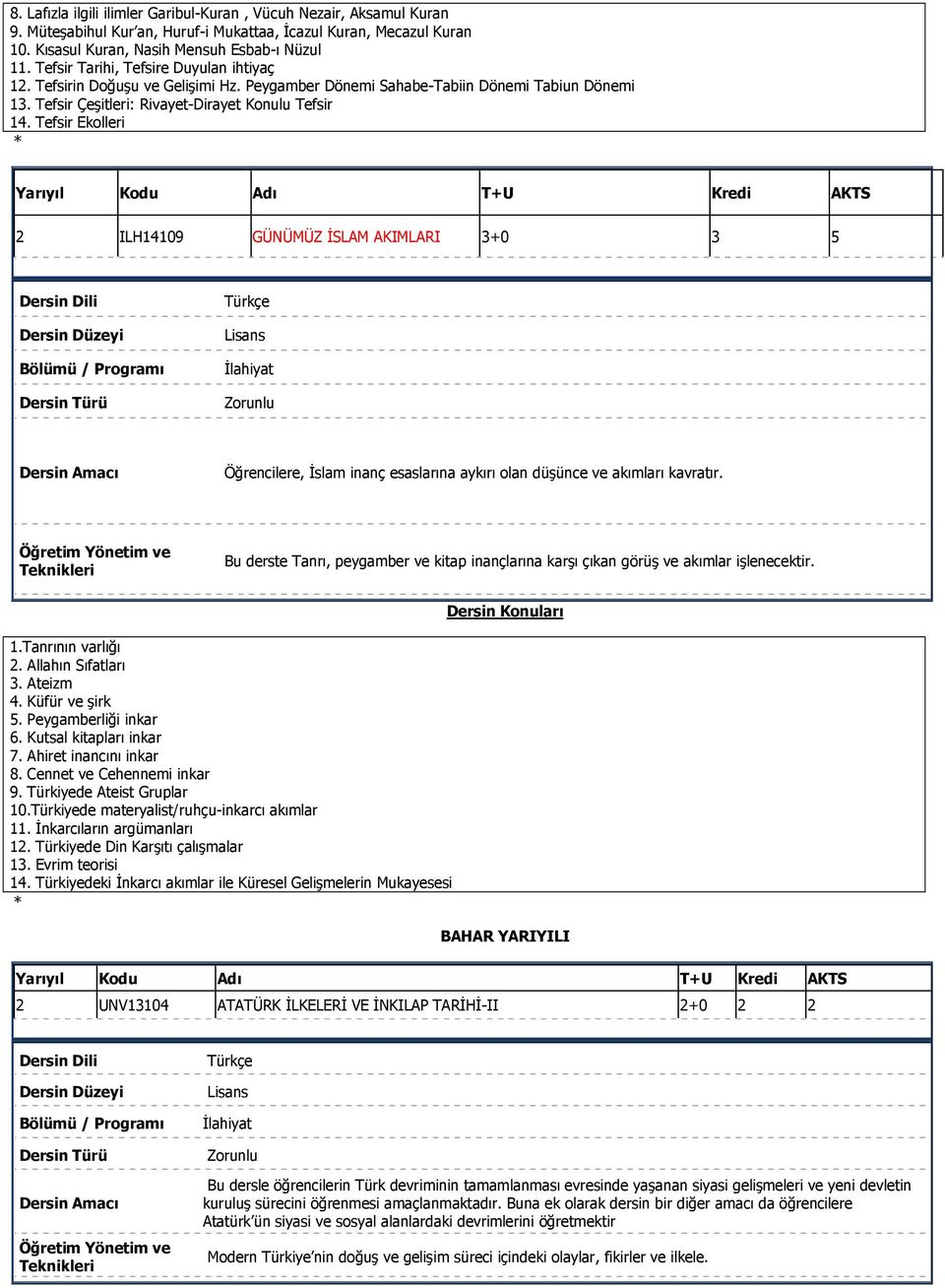Tefsir Ekolleri 2 ILH14109 GÜNÜMÜZ İSLAM AKIMLARI 3+0 3 5 Öğrencilere, İslam inanç esaslarına aykırı olan düşünce ve akımları kavratır.