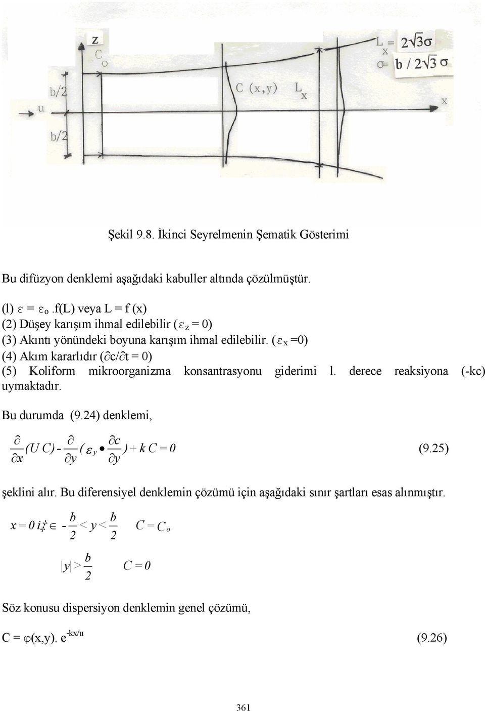 (ε x =0) (4) Akım kararlıdır ( c/ t = 0) (5) Koliform mikroorganizma konsantrasyonu giderimi l. derece reaksiyona (-kc) uymaktadır. Bu durumda (9.