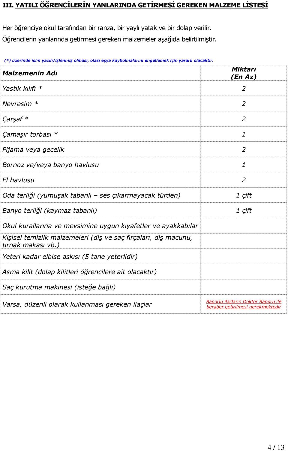 Malzemenin Adı Miktarı (En Az) Yastık kılıfı * 2 Nevresim * 2 Çarşaf * 2 Çamaşır torbası * 1 Pijama veya gecelik 2 Bornoz ve/veya banyo havlusu 1 El havlusu 2 Oda terliği (yumuşak tabanlı ses