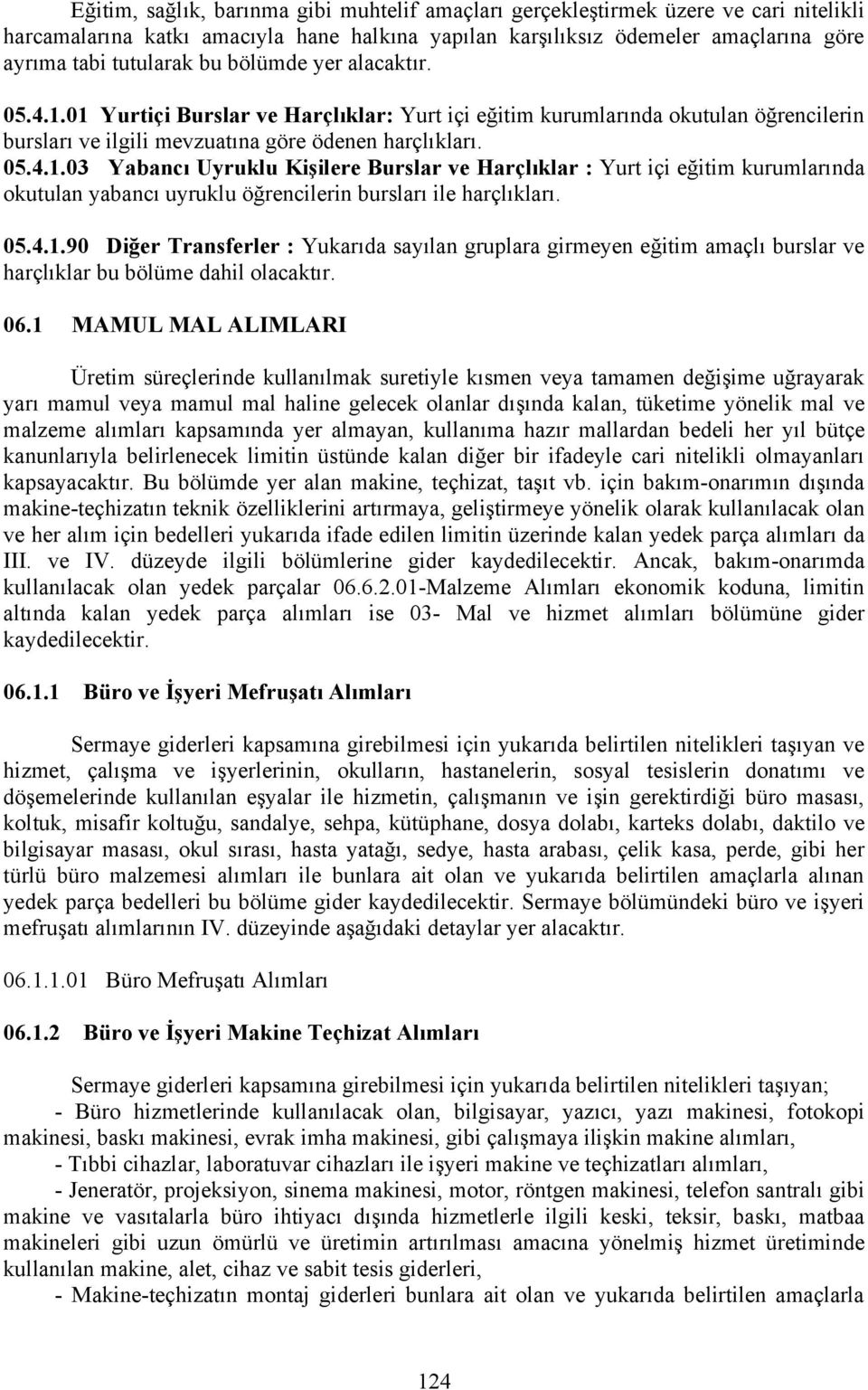 05.4.1.90 Diğer Transferler : Yukarıda sayılan gruplara girmeyen eğitim amaçlı burslar ve harçlıklar bu bölüme dahil olacaktır. 06.