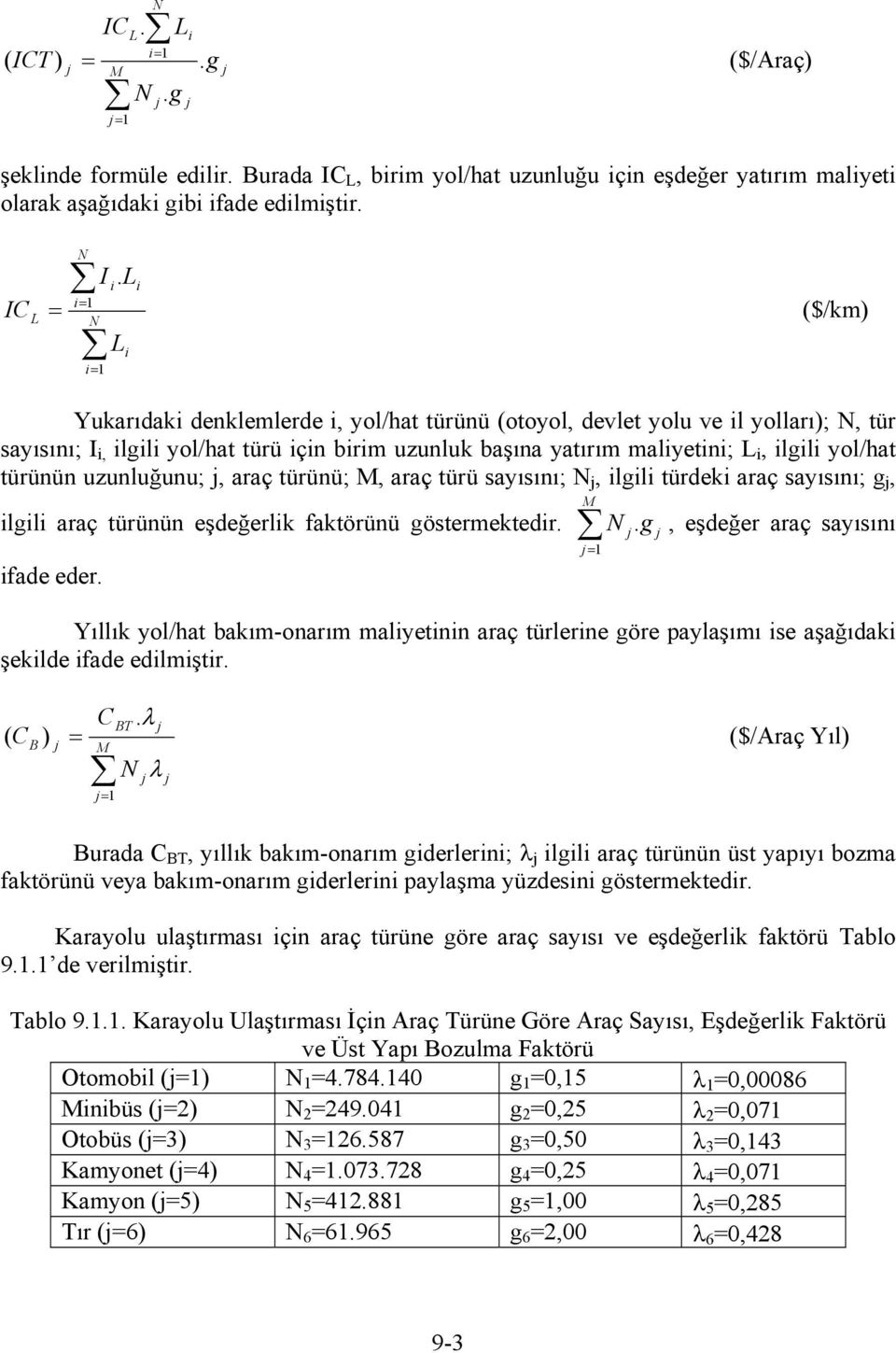 L L i i ($/) Yukarıdaki denklemlerde i, yol/hat türünü (otoyol, devlet yolu ve il yolları); N, tür sayısını; I i, ilgili yol/hat türü için birim uzunluk başına yatırım maliyetini; L i, ilgili yol/hat