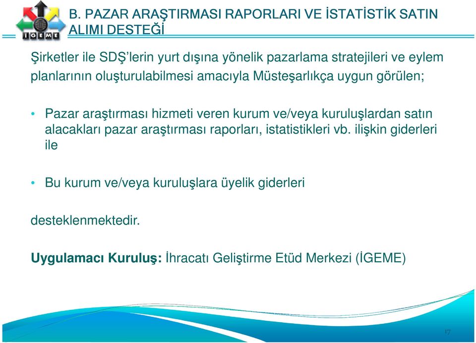 veren kurum ve/veya kuruluşlardan satın alacakları pazar araştırması raporları, istatistikleri vb.