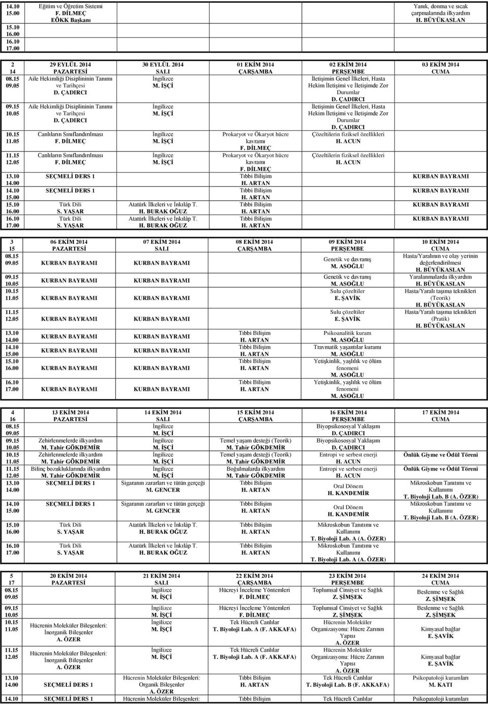 01 EKİM 2014 Prokaryot ve Ökaryot hücre kavramı Prokaryot ve Ökaryot hücre kavramı 02 EKİM 2014 İletişimin Genel İlkeleri, Hasta Hekim İletişimi ve İletişimde Zor Durumlar İletişimin Genel İlkeleri,