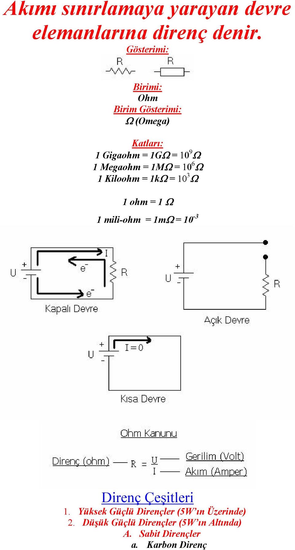 Megaohm = 1MΩ = 10 6 Ω 1 Kiloohm = 1kΩ = 10 3 Ω 1 ohm = 1 Ω 1 mili-ohm = 1mΩ = 10-3 Direnç