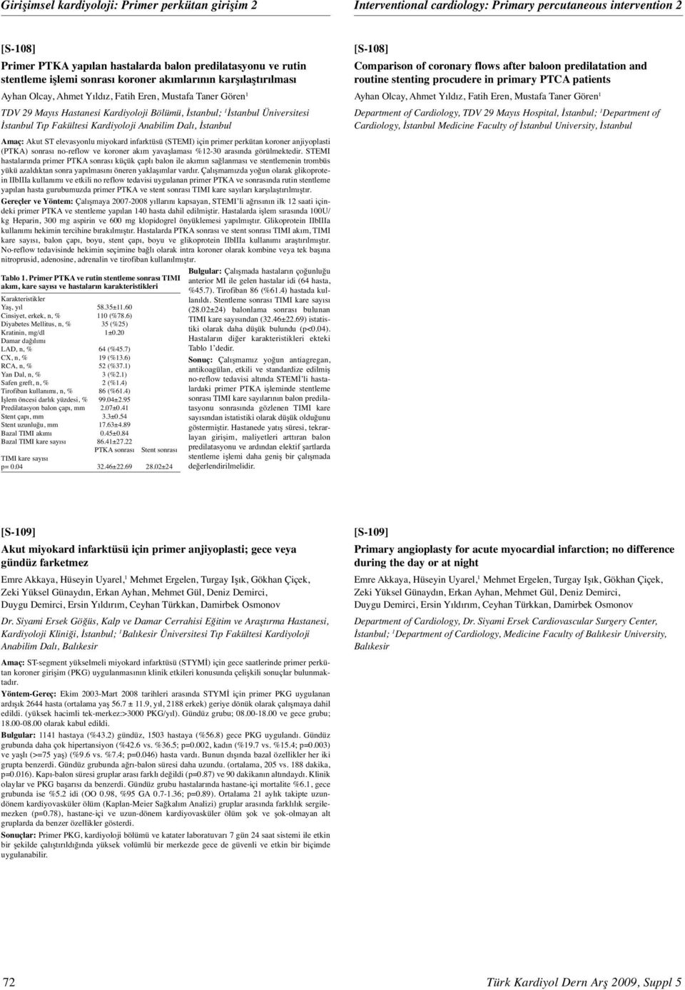 Fakültesi Kardiyoloji Anabilim Dalı, İstanbul [S-08] Comparison of coronary flows after baloon predilatation and routine stenting procudere in primary PTCA patients Ayhan Olcay, Ahmet Yıldız, Fatih