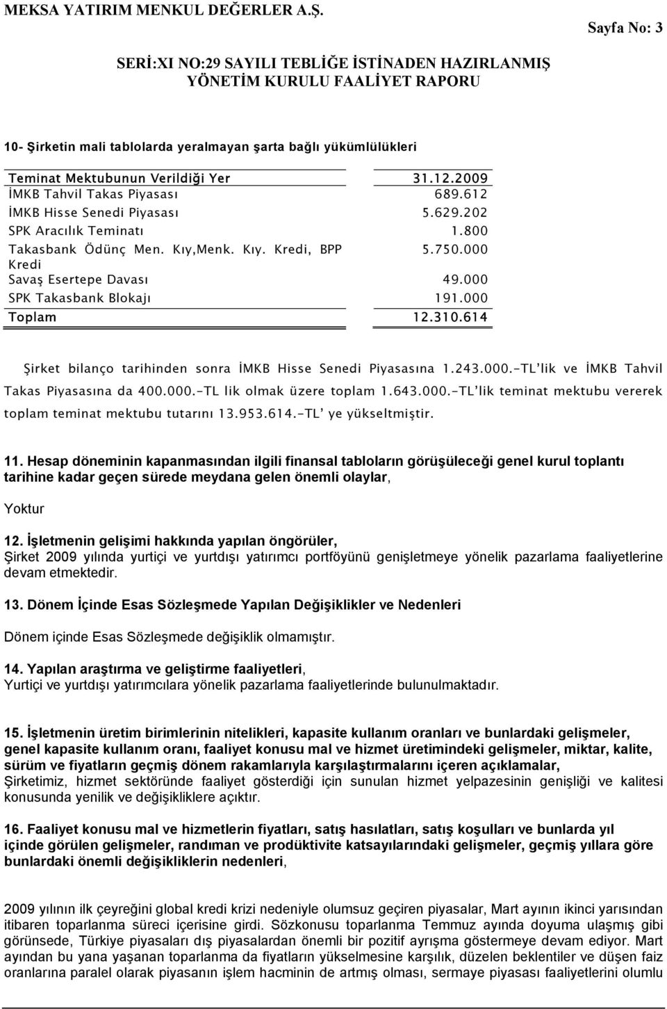 614 Şirket bilanço tarihinden sonra İMKB Hisse Senedi Piyasasına 1.243.000.-TL lik ve İMKB Tahvil Takas Piyasasına da 400.000.-TL lik olmak üzere toplam 1.643.000.-TL lik teminat mektubu vererek toplam teminat mektubu tutarını 13.