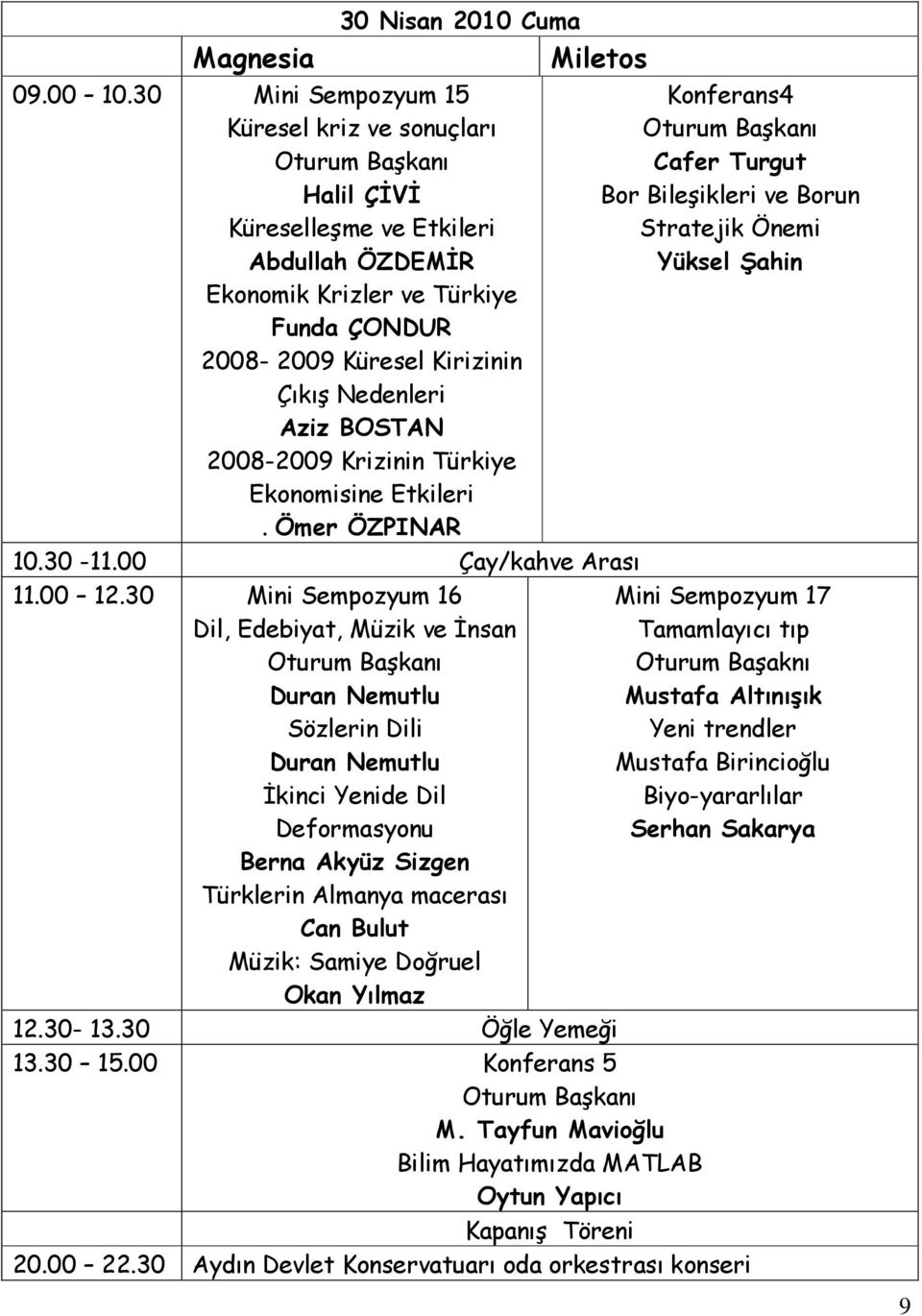 Aziz BOSTAN 2008-2009 Krizinin Türkiye Ekonomisine Etkileri. Ömer ÖZPINAR 10.30-11.00 Çay/kahve Arası 11.00 12.