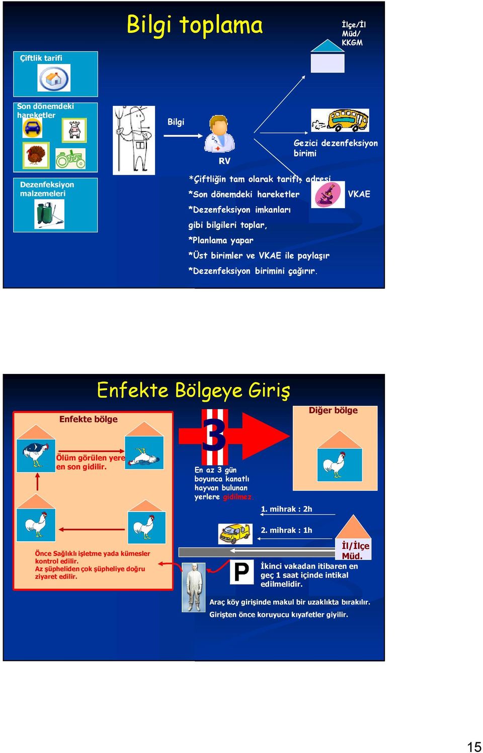 Enfekte Bölgeye Giriş Diğer bölge Enfekte bölge Ölüm görülen yere en son gidilir. 3 En az 3 gün boyunca kanatlı hayvan bulunan yerlere gidilmez. 1. mihrak : 2h 2.