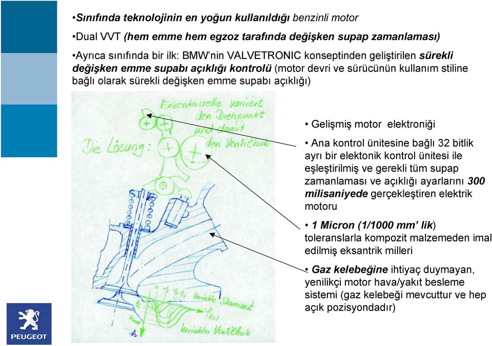 ünitesine bağlı 32 bitlik ayrı bir elektonik kontrol ünitesi ile eşleştirilmiş ve gerekli tüm supap zamanlaması ve açıklığı ayarlarını 300 milisaniyede gerçekleştiren elektrik motoru 1 Micron