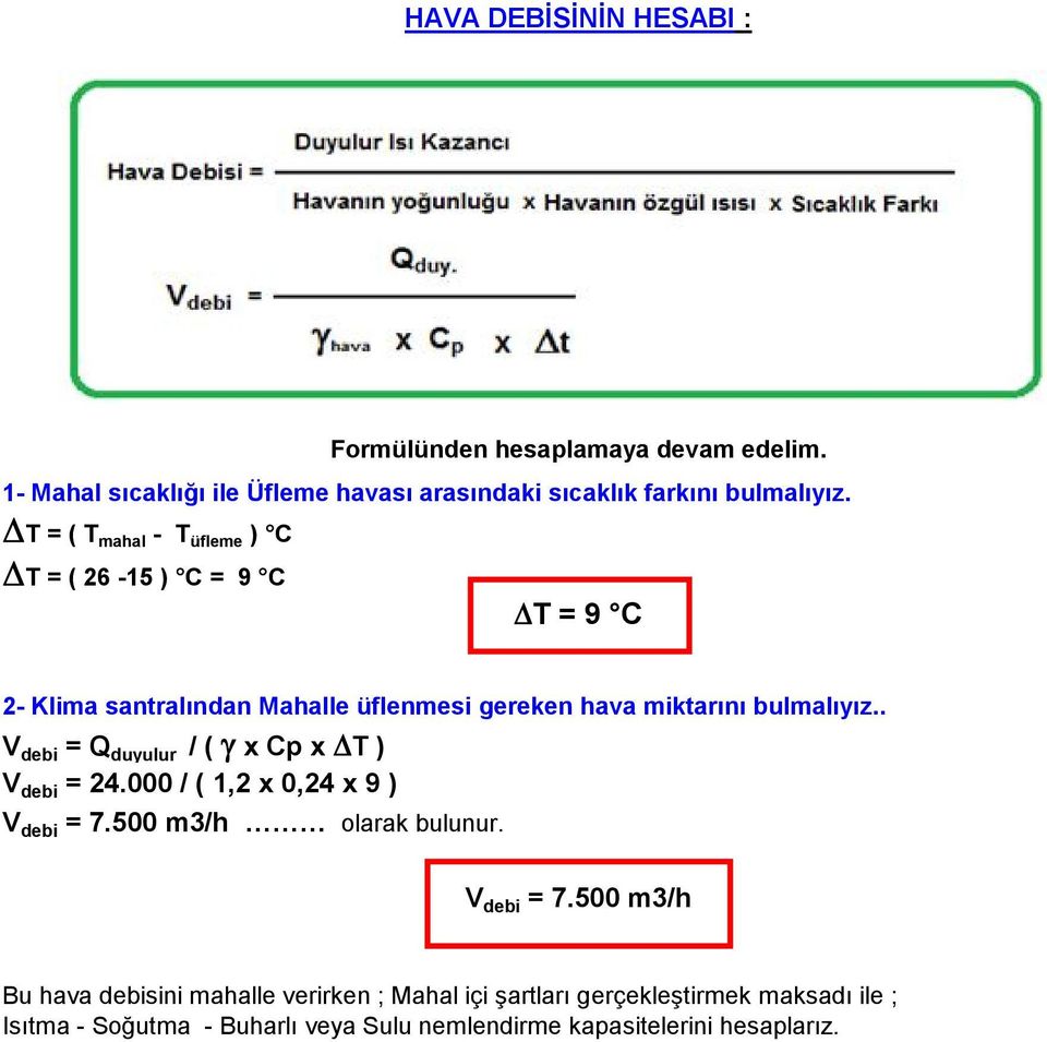 . V debi = Q duyulur / ( g x Cp x DT ) V debi = 24.000 / ( 1,2 x 0,24 x 9 ) V debi = 7.