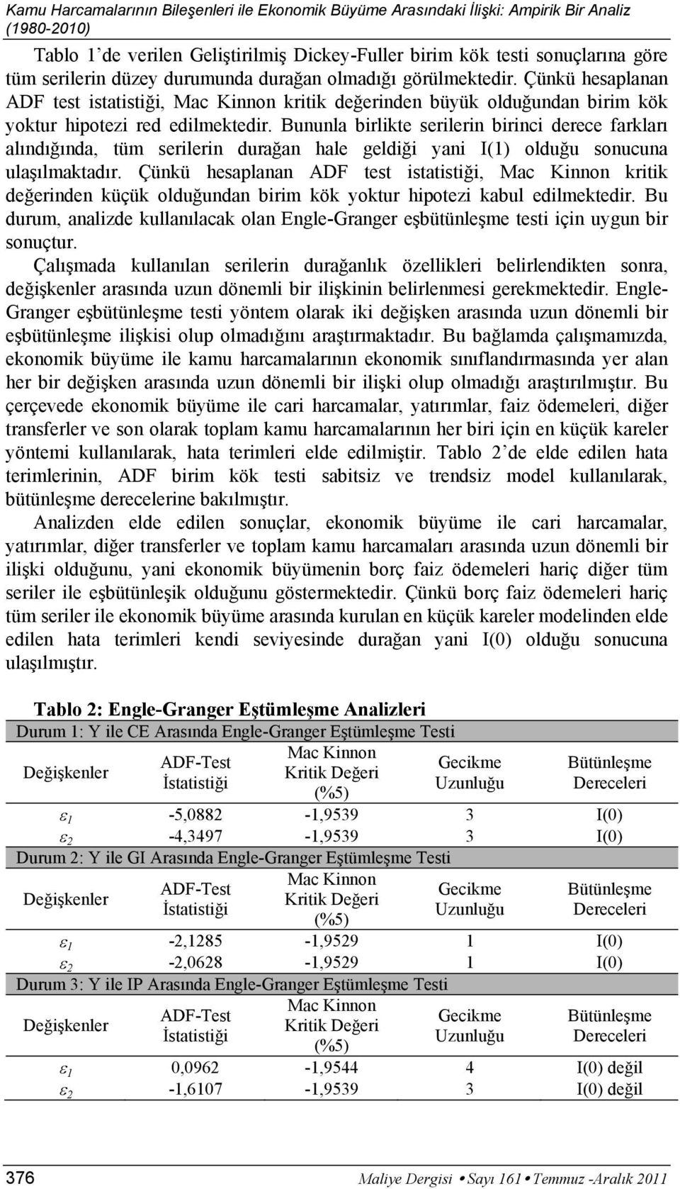 Bununla birlikte serilerin birinci derece farkları alındığında, tüm serilerin durağan hale geldiği yani I(1) olduğu sonucuna ulaşılmaktadır.