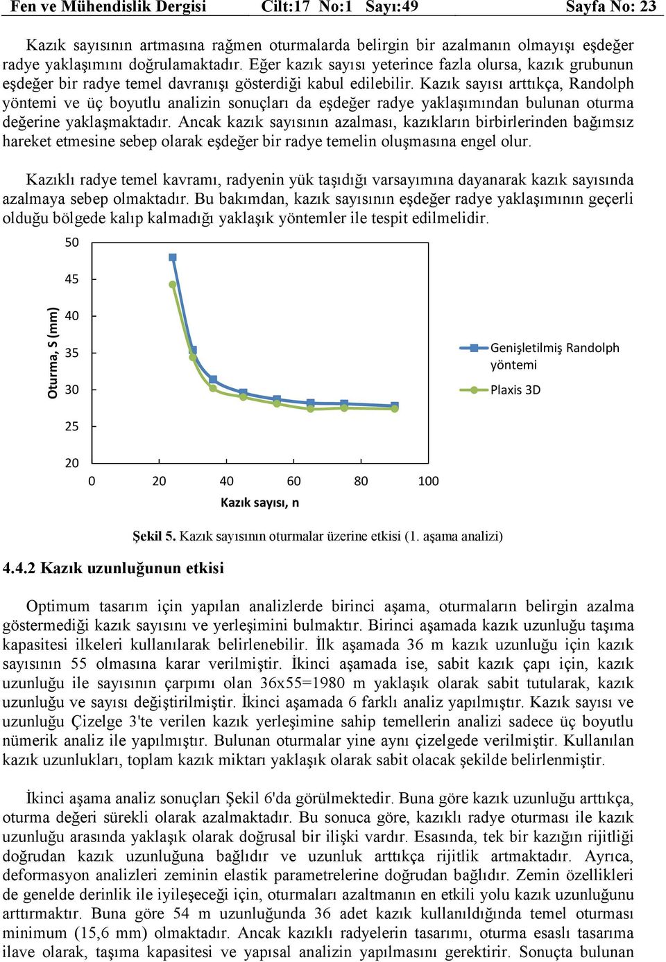 Kazık sayısı arttıkça, Randolph yöntemi ve üç boyutlu analizin sonuçları da eşdeğer radye yaklaşımından bulunan oturma değerine yaklaşmaktadır.