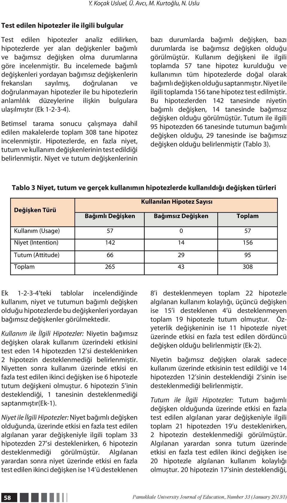 Bu incelemede bağımlı değişkenleri yordayan bağımsız değişkenlerin frekansları sayılmış, doğrulanan ve doğrulanmayan hipotezler ile bu hipotezlerin anlamlılık düzeylerine ilişkin bulgulara