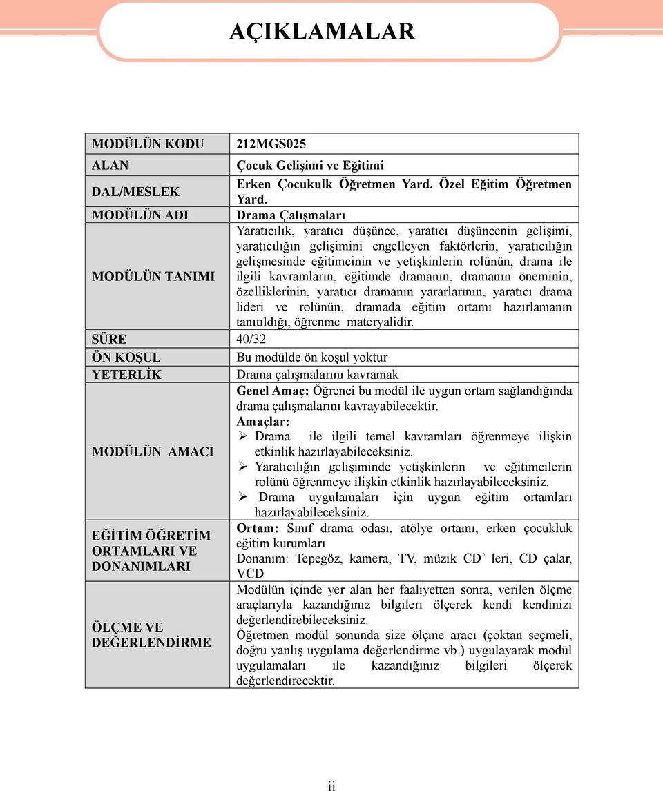 rolünün, drama ile MODÜLÜN TANIMI ilgili kavramların, eğitimde dramanın, dramanın öneminin, özelliklerinin, yaratıcı dramanın yararlarının, yaratıcı drama lideri ve rolünün, dramada eğitim ortamı