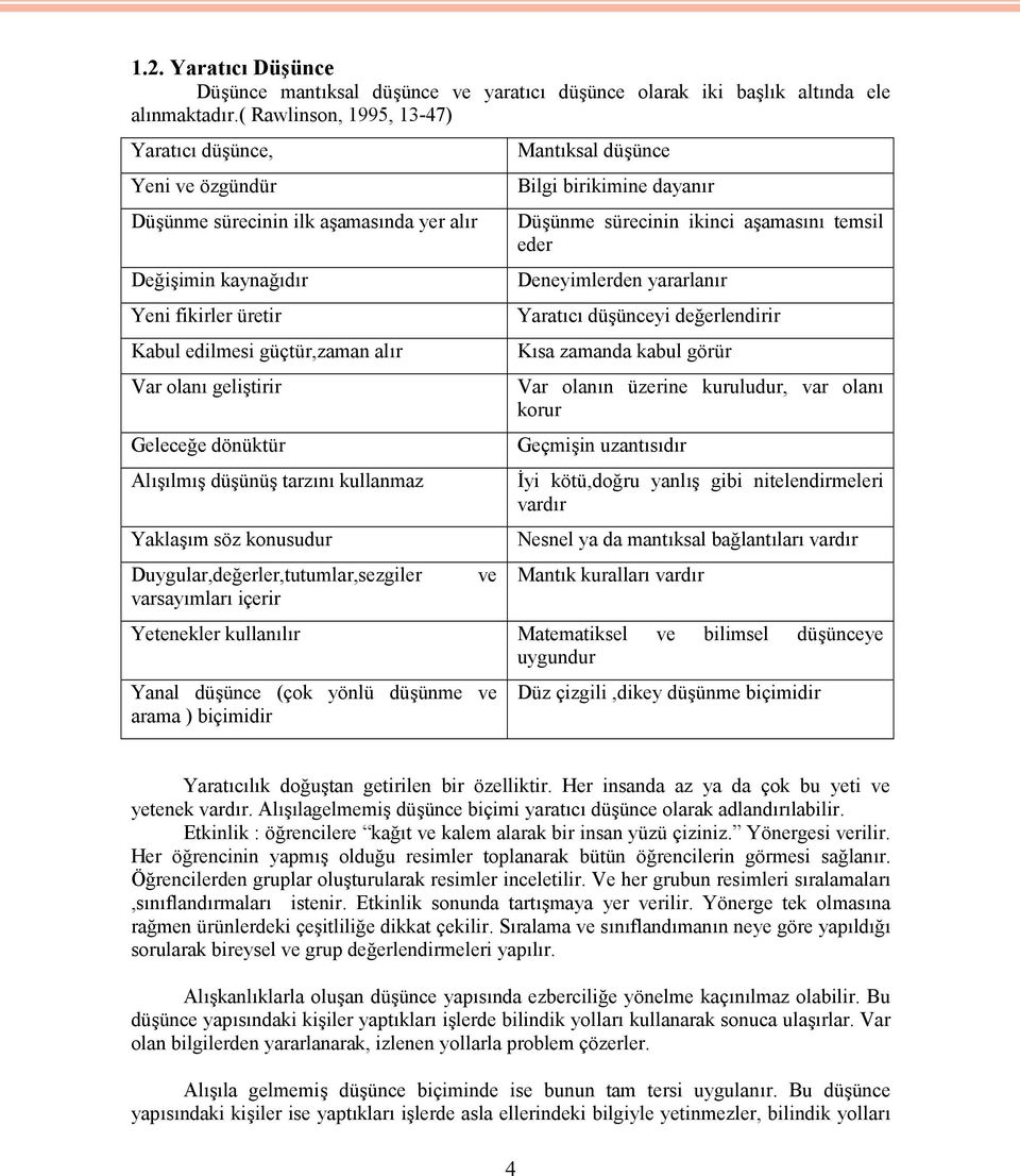 Geleceğe dönüktür Alışılmış düşünüş tarzını kullanmaz Yaklaşım söz konusudur Duygular,değerler,tutumlar,sezgiler varsayımları içerir ve Mantıksal düşünce Bilgi birikimine dayanır Düşünme sürecinin