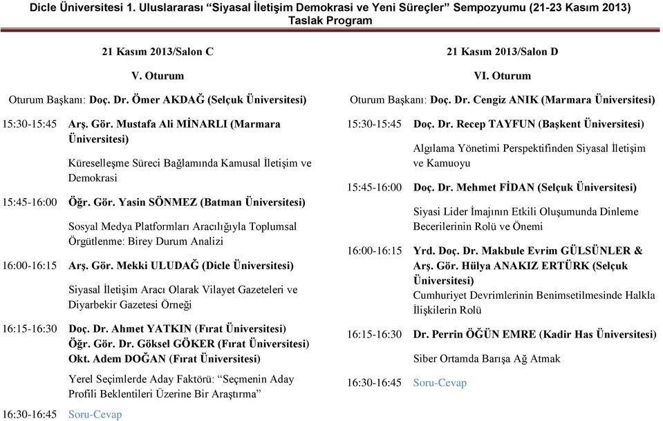 Yasin SÖNMEZ (Batman Sosyal Medya Platformları Aracılığıyla Toplumsal Örgütlenme: Birey Durum Analizi 16:00-16:15 ArĢ. Gör.