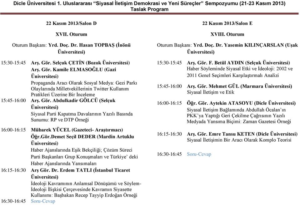 Gör. Abdulkadir GÖLCÜ (Selçuk Siyasal Parti Kapatma Davalarının Yazılı Basında Sunumu: RP ve DTP Örneği 16:00-16:15 Mübarek YÜCEL (Gazeteci- AraĢtırmacı) Öğr.Gör.Demet Seçil DEDER (Mardin Artuklu Haber Ajanslarında Eşik Bekçiliği; Çözüm Süreci Parti Başkanları Grup Konuşmaları ve Türkiye deki Haber Ajanslarında Yansımaları 16:15-16:30 ArĢ Gör.