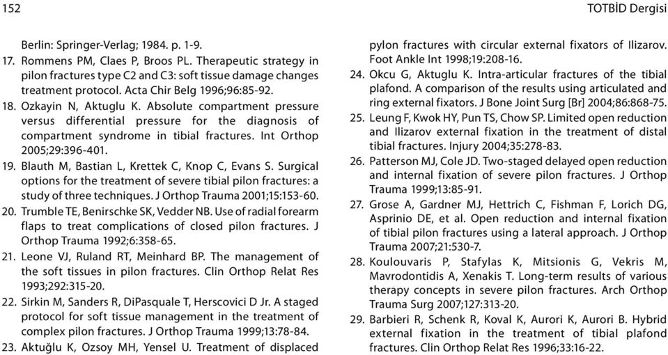 Int Orthop 2005;29:396-401. 19. Blauth M, Bastian L, Krettek C, Knop C, Evans S. Surgical options for the treatment of severe tibial pilon fractures: a study of three techniques.