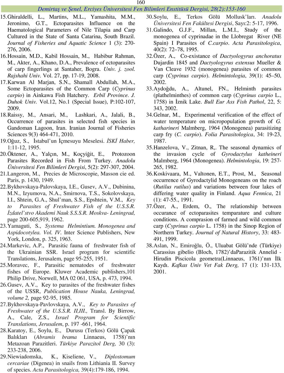 Journal of Fisheries and Aquatic Science 1 (3): 270-276, 2006. 16. Hossain, M.D., Kabil Hossain, M., Habibur Rahman, M., Akter, A., Khano, D.A., Prevalence of ectoparasites of carp fingerlings at Santaher, Bogra.