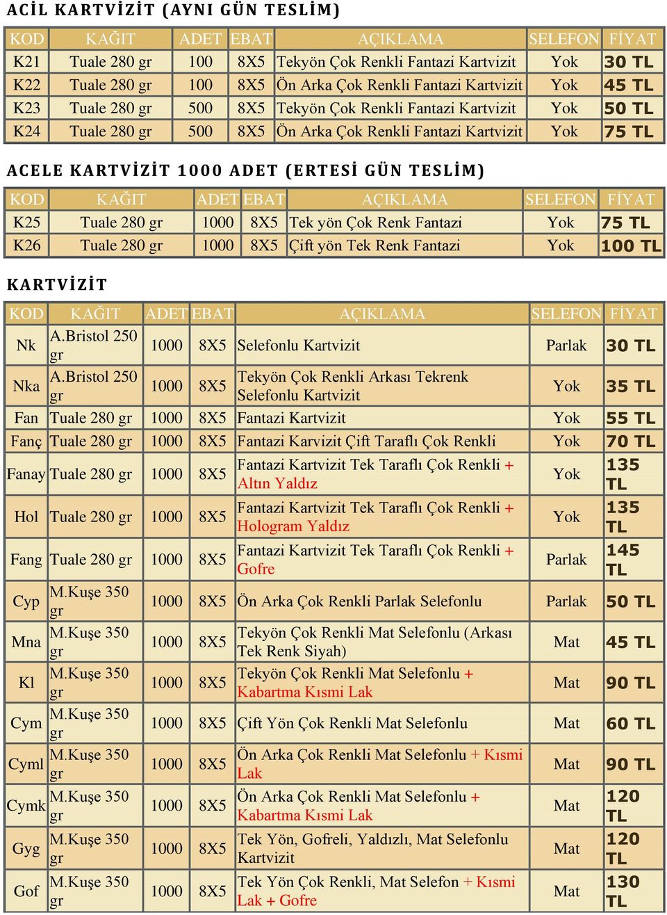 Bristol 250 Tekyön Çok Renkli Arkası Tekrenk Nka Selefonlu Kartvizit 35 Fan Tuale 280 Fantazi Kartvizit 55 Fanç Tuale 280 Fantazi Karvizit Çift Taraflı Çok Renkli 70 Fanay Tuale 280 Hol Tuale 280