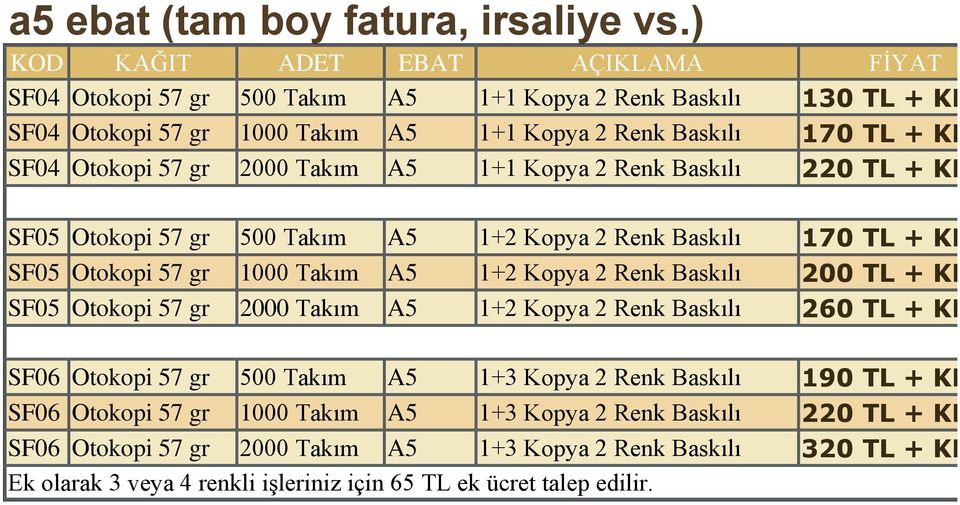 2 Renk Baskılı 220 + KDV SF05 Otokopi 57 500 Takım A5 1+2 Kopya 2 Renk Baskılı 170 + KDV SF05 Otokopi 57 1000 Takım A5 1+2 Kopya 2 Renk Baskılı 200 + KDV SF05 Otokopi 57