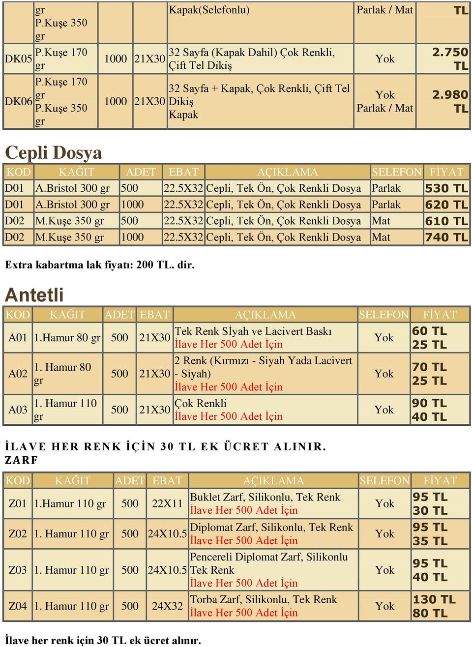 5X32 Cepli, Tek Ön, Çok Renkli Dosya 610 D02 1000 22.5X32 Cepli, Tek Ön, Çok Renkli Dosya 740 Extra kabartma lak fiyatı: 200. dir. Antetli A01 1.Hamur 80 500 21X30 A02 A03 1. Hamur 80 1.