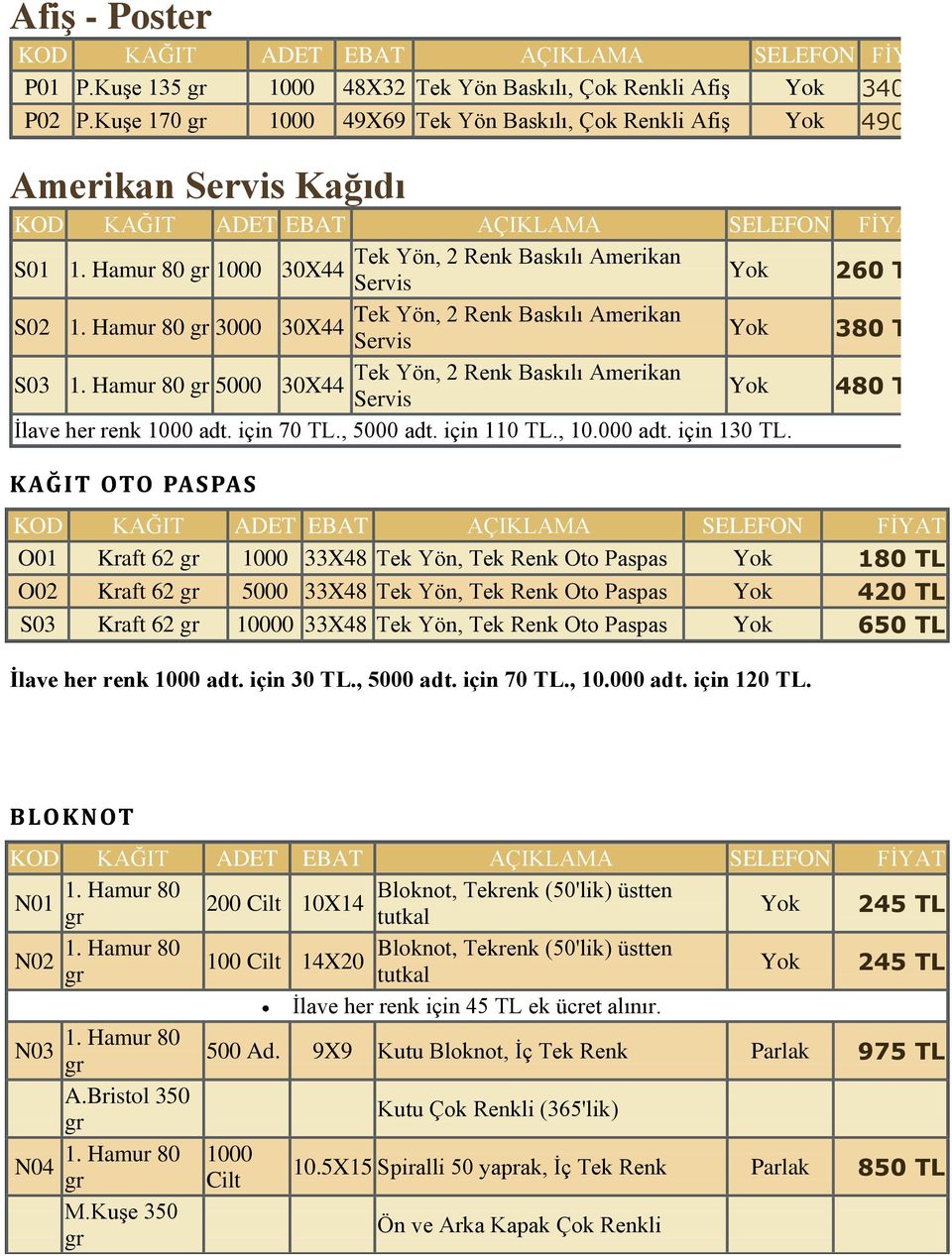 Hamur 80 3000 30X44 Servis 380 Tek Yön, 2 Renk Baskılı Amerikan S03 1. Hamur 80 5000 30X44 Servis 480 İlave her renk 1000 adt. için 70., 5000 adt. için 110., 10.000 adt. için 130.