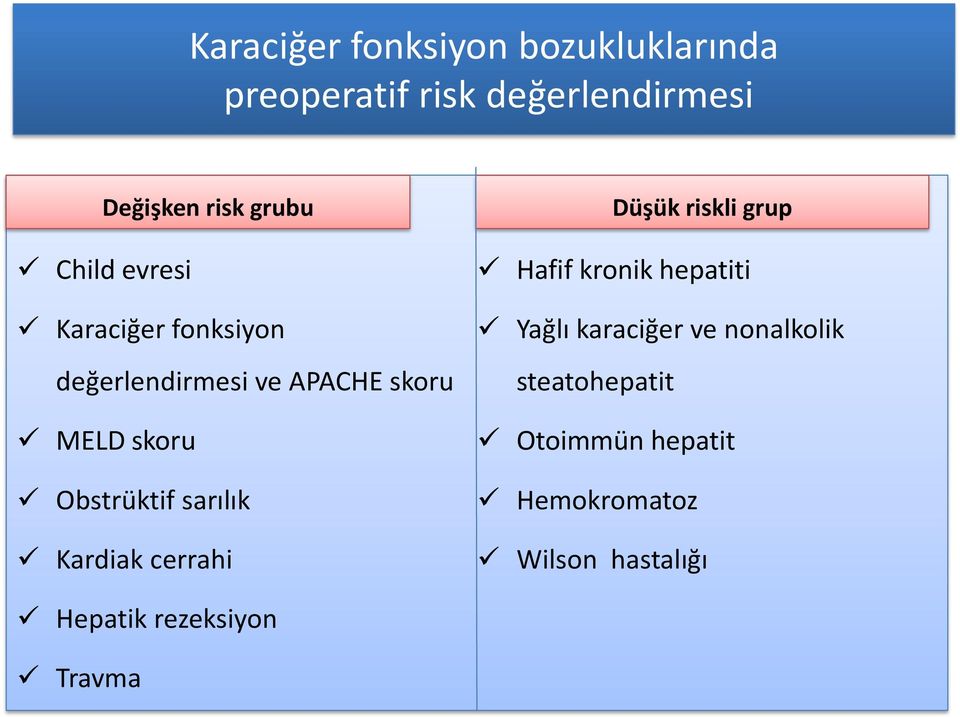 skoru Obstrüktif sarılık Kardiak cerrahi Düşük riskli grup Hafif kronik hepatiti Yağlı